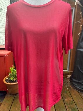 Semi Sheer Maximalism Color blocking Cherry Red Mesh Short Sleeve Top - Size L